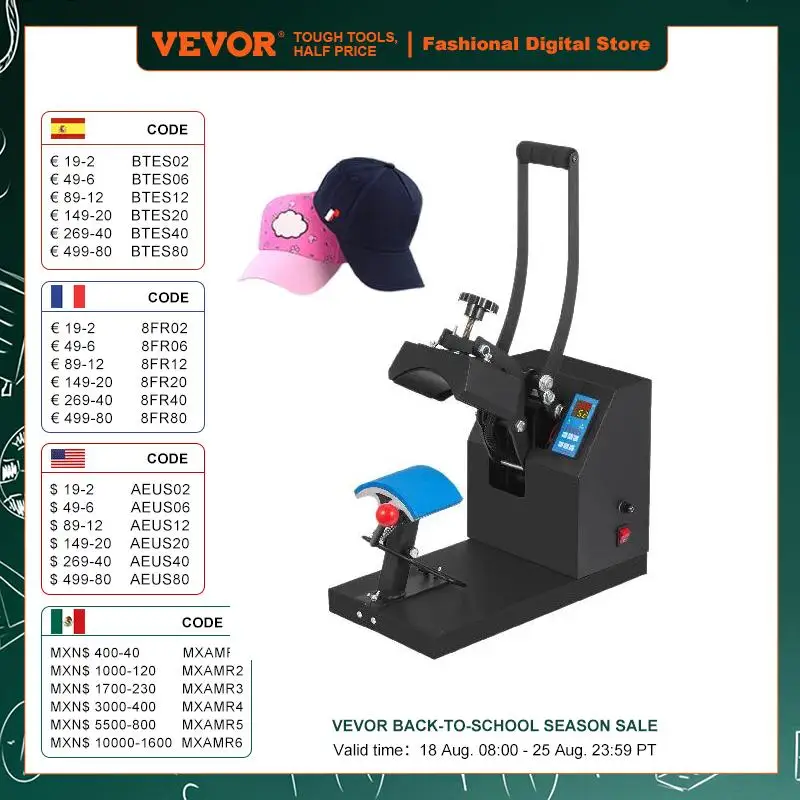 

VEVOR Hat Cap Heat Press 5.5 x 3.5 inch Heat Transfer Stamping Sublimation Machine Digital Display Clamshell for DIY Advertising