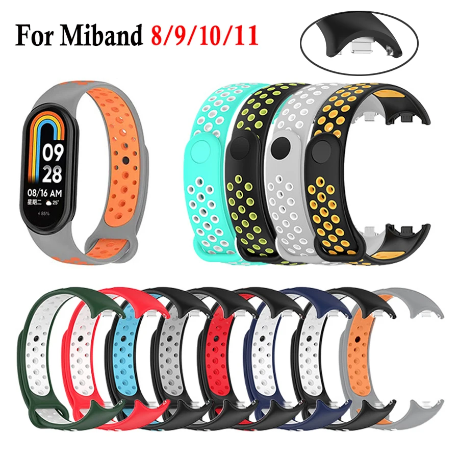 Sport-Silikonarmband für Xiaomi Mi Band 11 10 9 8 Zweifarbiges Ersatzarmband für Miband 8 9 10 mit Metallverbinder