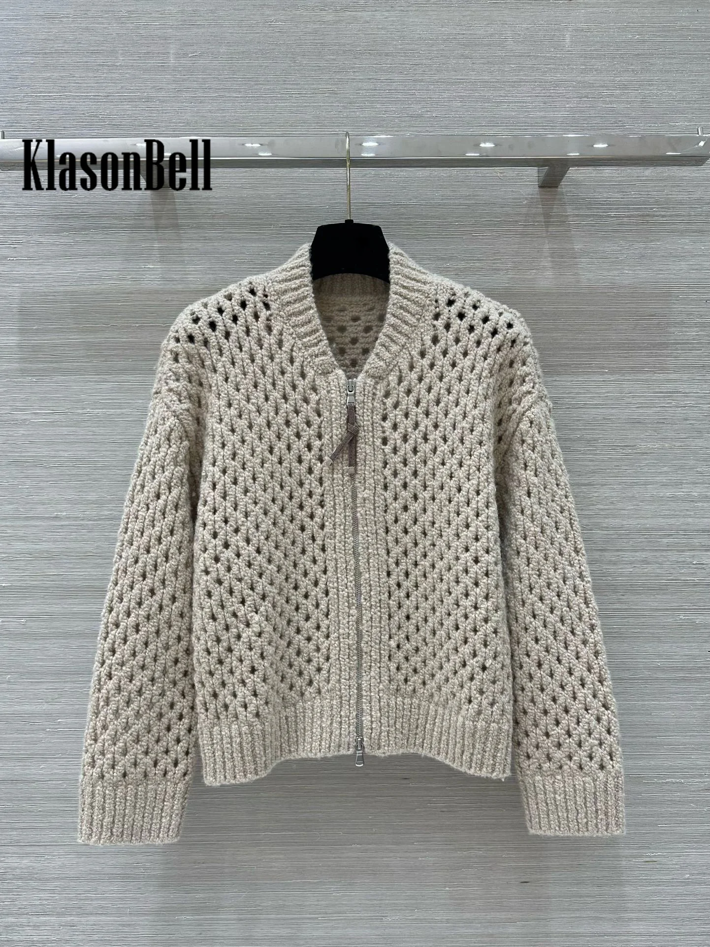 9.8 KlasonBell Women Elegant Bead Chain Crochet Hollow Out Zipper Cardigan Soft Comfortable Wool Knit Long Sleeve Casual Coat