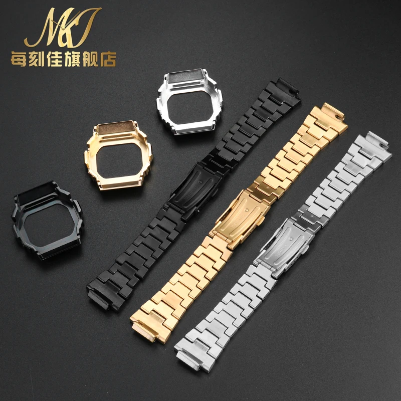 For Casio G-SHOCK metal case strap stainless steel Suit DW5600/GW-M5610/5000 GW-B5600 Modified Cool style Golden black watchband