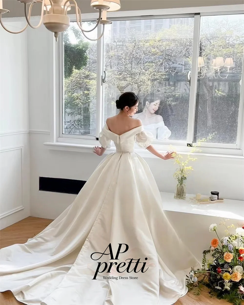 AP pretti Princess Ivory Off Shoulder Puff Sleeve Satin Korea Wedding Dress Photo Shoot Ball Gown Bridal Gown Customized