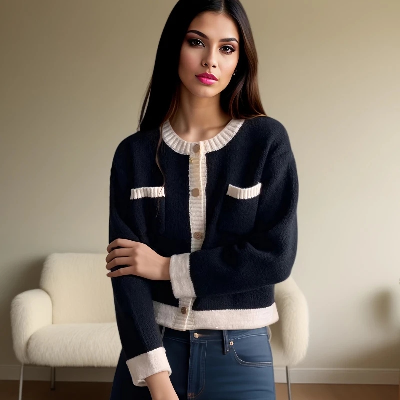 

Осенне-зимняя модная женская одежда, контрастный свитер с круглым вырезом и длинными рукавами, элегантный кардиган с круглым вырезом и карманами, трикотаж