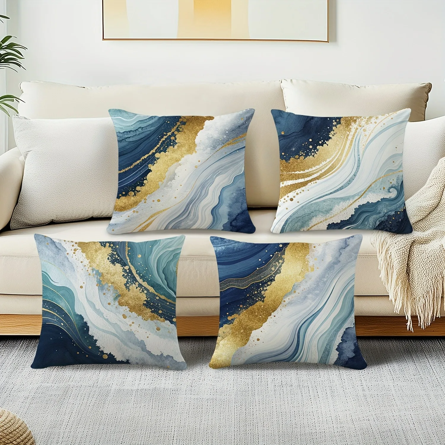 Glamorous Blue - Gold Wave Pillow CoversLiving room sofa cushion cover, soft and comfortable, bedroom room decoration