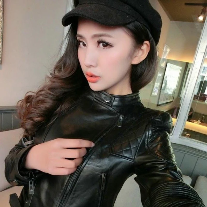 Ladies Streetwear Leather Jackets Coat 2023 New Black Slim Moto Bikers Jacket Women Long Sleeved Zipper Outerwear Leather Coats