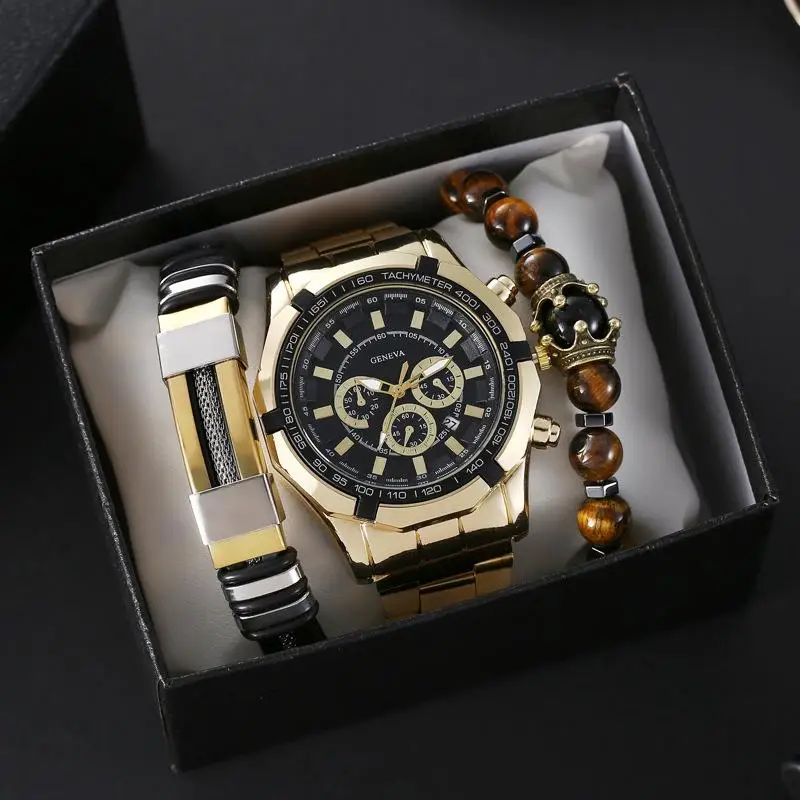 New men's waterproof watch steel band three eyes luminous bracelet set calendar sports quartz watch men's wristwatch