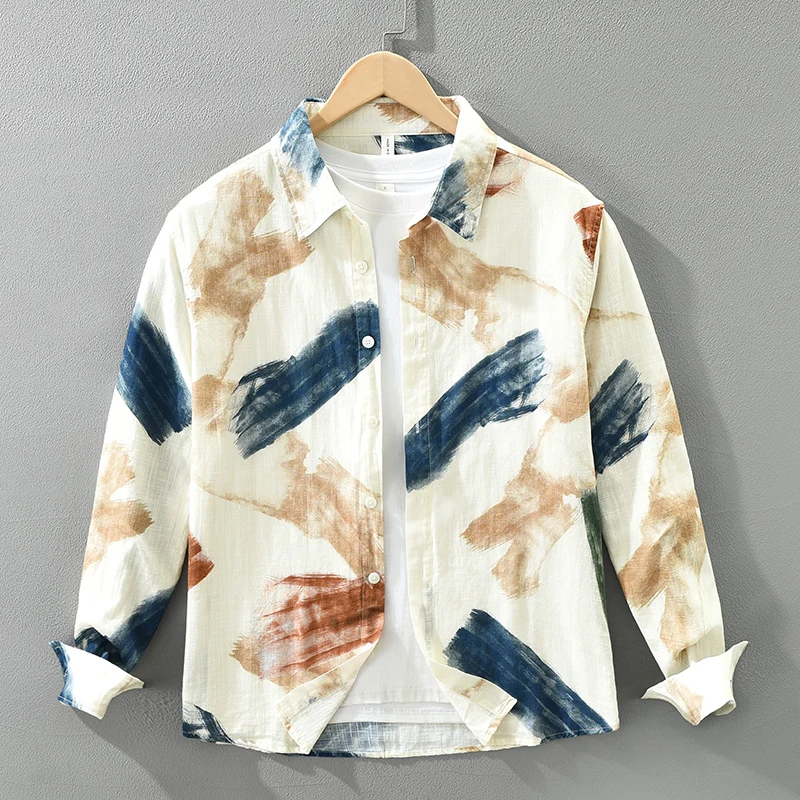 

2026, весенне-осенние новые повседневные модные удобные рубашки из 100% хлопка с принтом для мужчин, уличная одежда, мужские топы