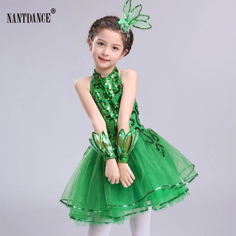 Children Latin Grass Performance Clothing Green Puffy Princess Dress Girls Stage Dancewear Suit Modern Dance Ballet Dress