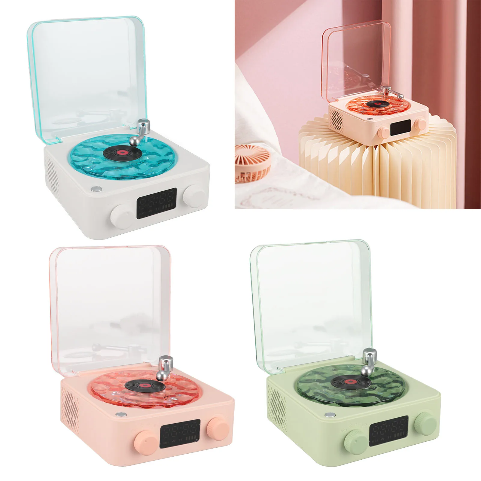 Record Player  Speaker Multifunction Stereo Sound Wireless Bluetooth Speaker with Night Light Battery Display for Office 