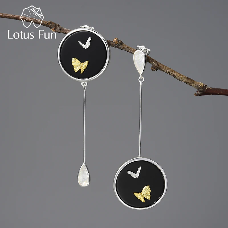 

Lotus Fun Luxury Natural Agate Stone Flying Butterfly Asymmetrical Long Dangle Earrings for Women 925 Sterling Silver Jewelry