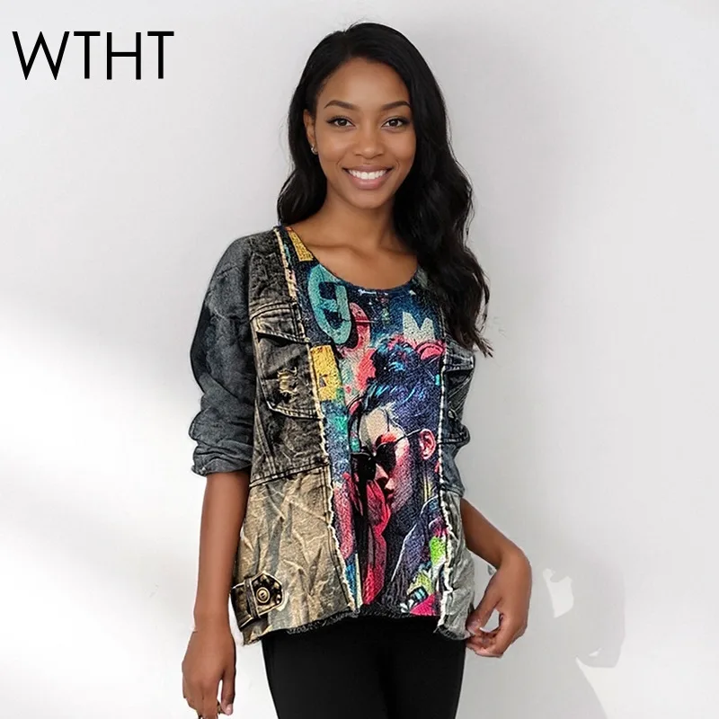 

WTHT модные контрастные цветные принты вязаные старые джинсовые пуловеры для женщин осень 2025 модный свитер с круглым вырезом женский 1LS2623