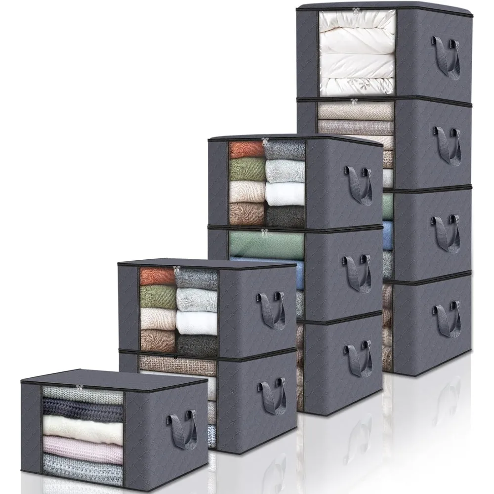 Clothes Storage, Foldable Blanket Storage Bags, Storage Containers for Organizing Bedroom, Closet, Clothing, Comforter Grey