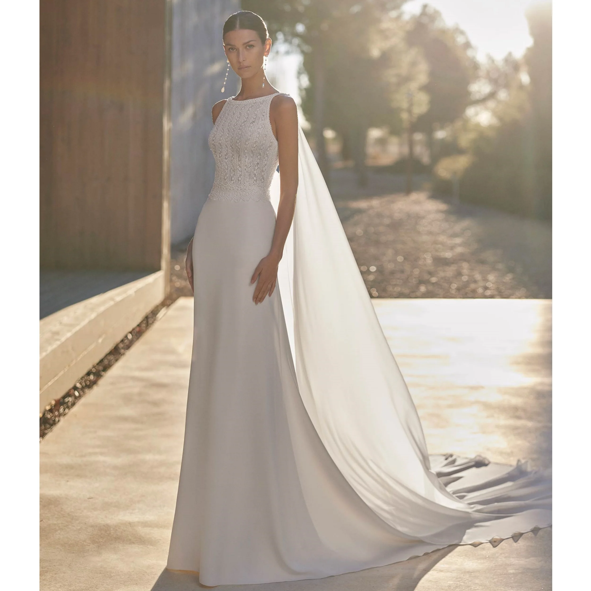 Charmante Robe De mariée sirène blanche, col rond, sans manches, longue, personnalisée, élégante, avec des Appliques en dentelle