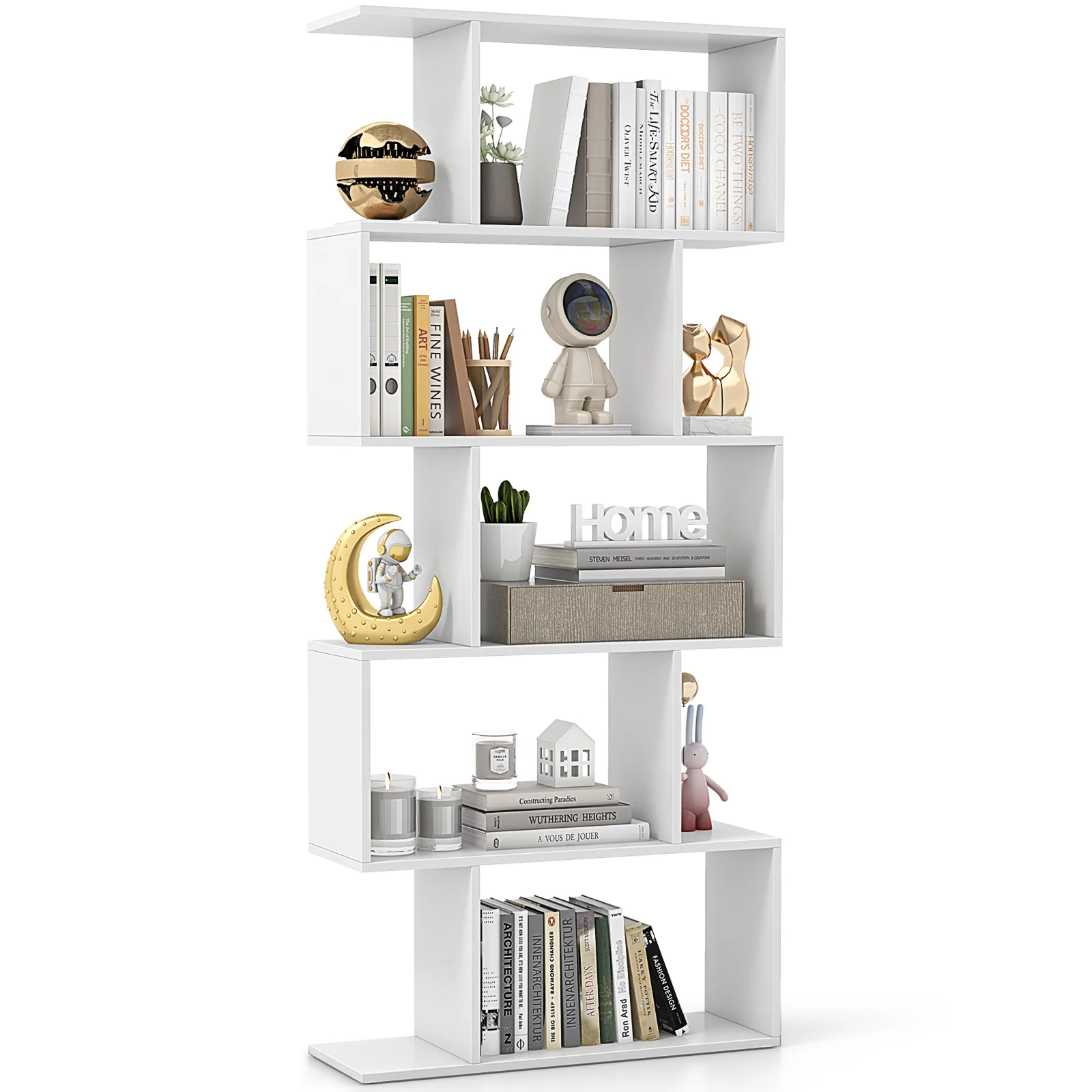 GOFLAME 5-Tier Geometric Bookshelf, Wooden Decorative Display Shelf w/Large Capacity