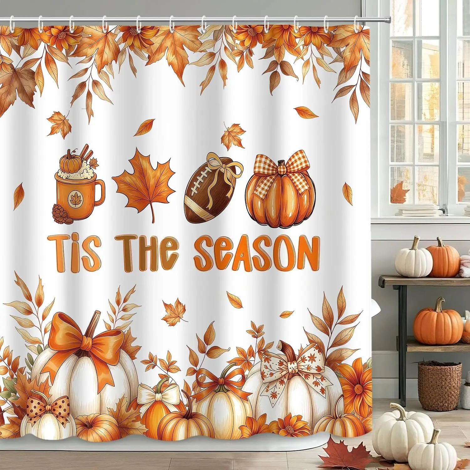 MEHOFOND Fall Pumpkin Shower Curtain, Tis The Season Shower Curtain 72x72in
