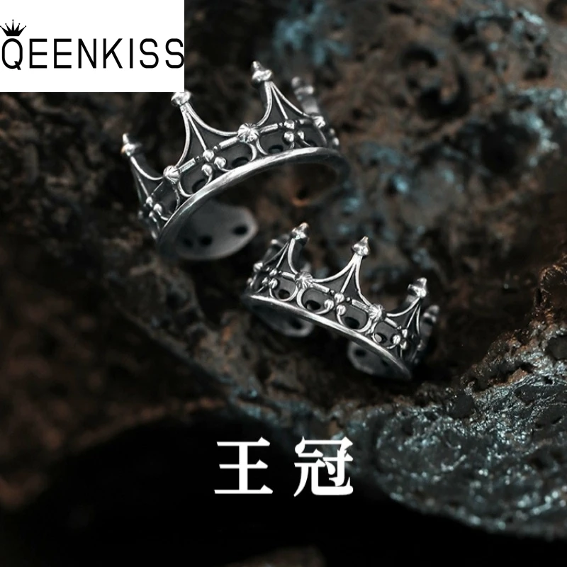 QEENKISS 925 Sterling Silver Vintage Dark Crown Rings for Women Men Birthday Wedding Party Christmas Girl Boyfriend Gifts RG7013