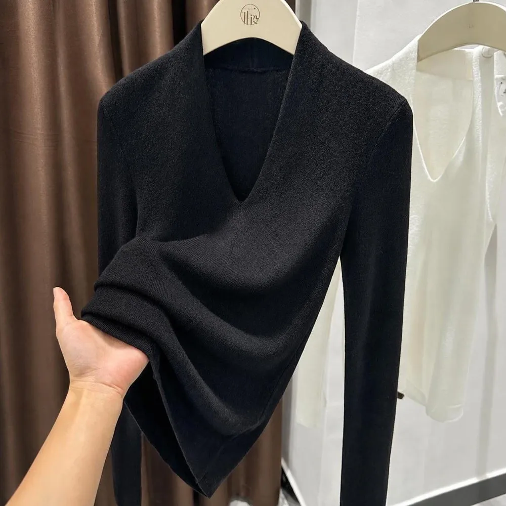Fashion Long Sleeve Women's Knitted Sweater V-Neck Slim Fit Pullover Solid Color Basic Sweater Top Autumn Winter - view 4