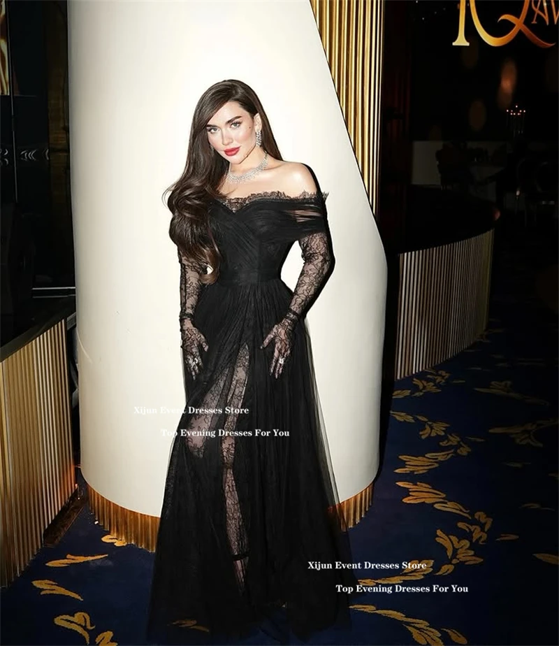 Xijun Sexy Black Lace Long Evening Dresses Off The Shoulder Sweetheart Prom Dress Slit Saudi Arabric Formal Occasion Prom Gowns image 3