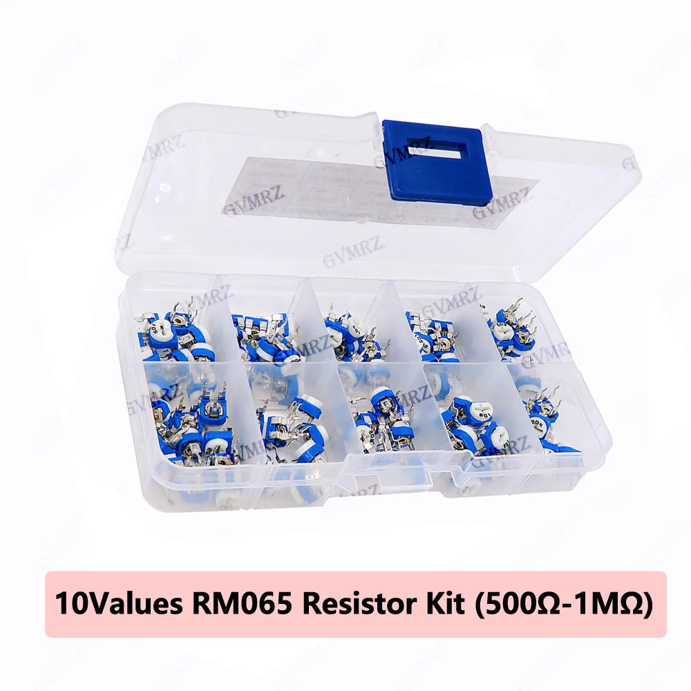 100PCS 10Values RM065 Resistor Kit (500Ω-1MΩ) in Box for DIY Electronic Circuit Project 500R 1K 2K 5K 10K 20K 50K 100K 200K 1M