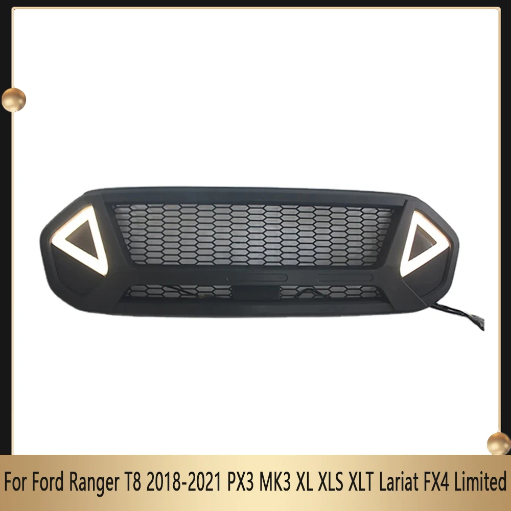 Guard Grid With Side LED Light For Ford Ranger T8 2018-2021 PX3 MK3 XL XLS XLT Lariat FX4 Limited Front Grille Grill Mesh Grills