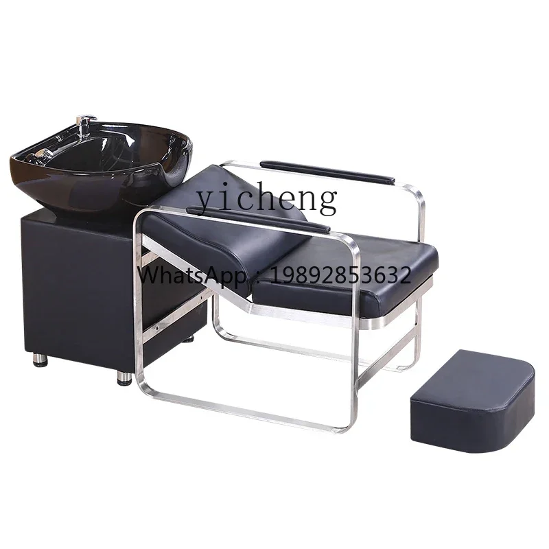 MR-15   Shampoo Bed Barber Shop Stainless Steel Half Lying Shampoo Bed Ceramic Deep Basin Hairdressing Shop Flush Bed