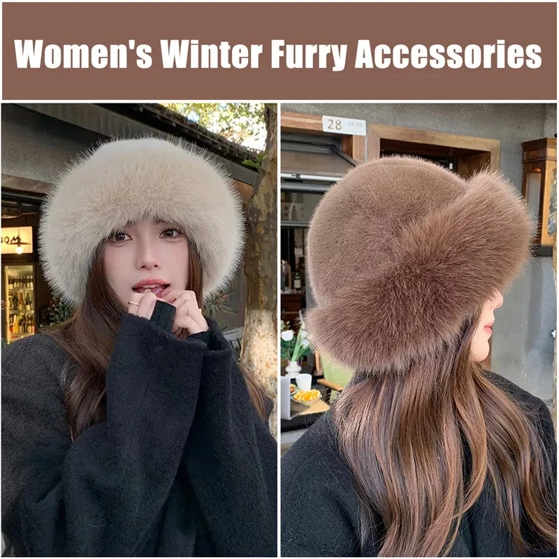 Winter Ladies Soft Plush Faux Fur Bucket Hat Thick Warm Furry Fisherman Cap Windproof Hat For Street Travel Cold Days Outfit image 3