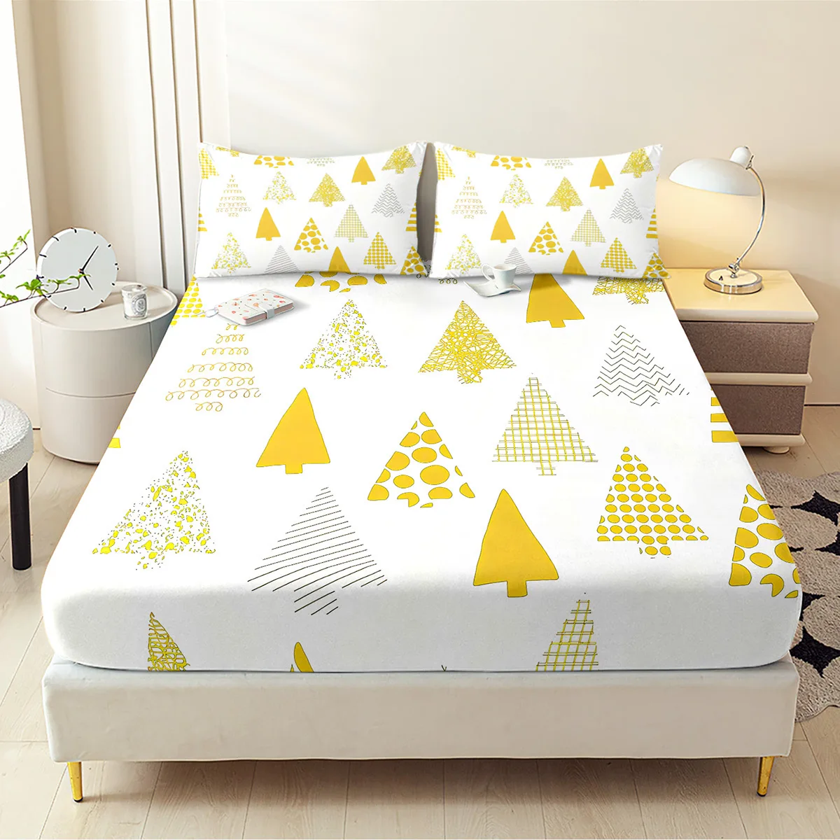 Golden Tree Pattern Bedding Set, Decorative Mattress Cover, Animal Pattern Mattress Protector, 2D Digital Print Three-Piece Bedding Set (Includes 1 Fitted Sheet + 2 Pillowcases), 3-Piece Set, Deep Pocket 2D Printed Fitted Sheet and 2 Pillowcases, Bedding Mattress Protector, Fitted Elastic Style, Protective Cover, Mattress Protector, Machine Washable Design, Holiday Decoration, Various Sizes, Breathable Protective Cover with Pillowcases