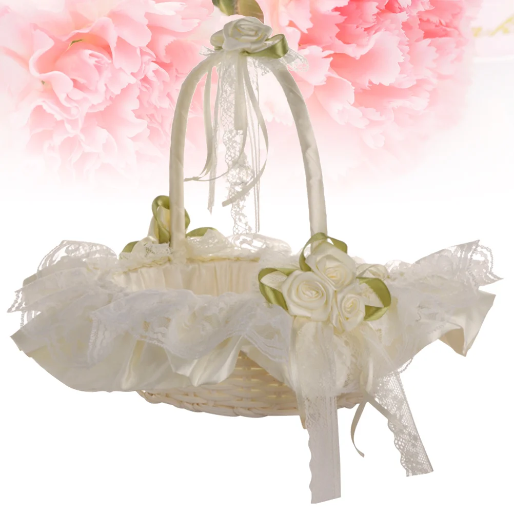 Wedding Flower Girl Basket Lace Bride Basket for Wedding Ceremony Party Decoration (Milk White) wedding basket