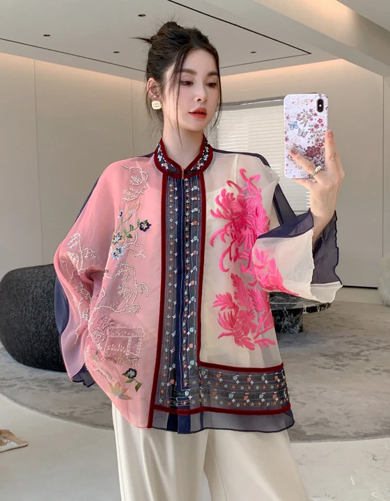 

Exquisite Handmade Embroidery Silk Organza Shirt Jacket Heavy Embellishment True Silk Ladylike Artistic Treasure Display