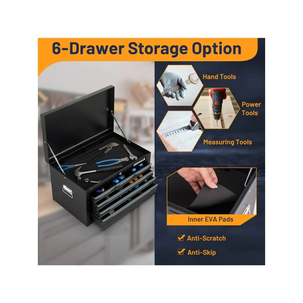Ящик для инструментов, стальной ящик для инструментов с 6 ящиками 24 дюйма и верхним лотком для инструментов, автоматическим замком, защитными вкладышами, ручкой, гладкими сторонами шарикоподшипника