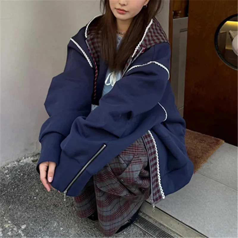 여성 레이스 지퍼 후드티 체크 패치워크 페이크 투피스 스트리트웨어 스웨트셔츠 봄 빈티지 Y2K 하라주쿠 스포츠 후드 코트