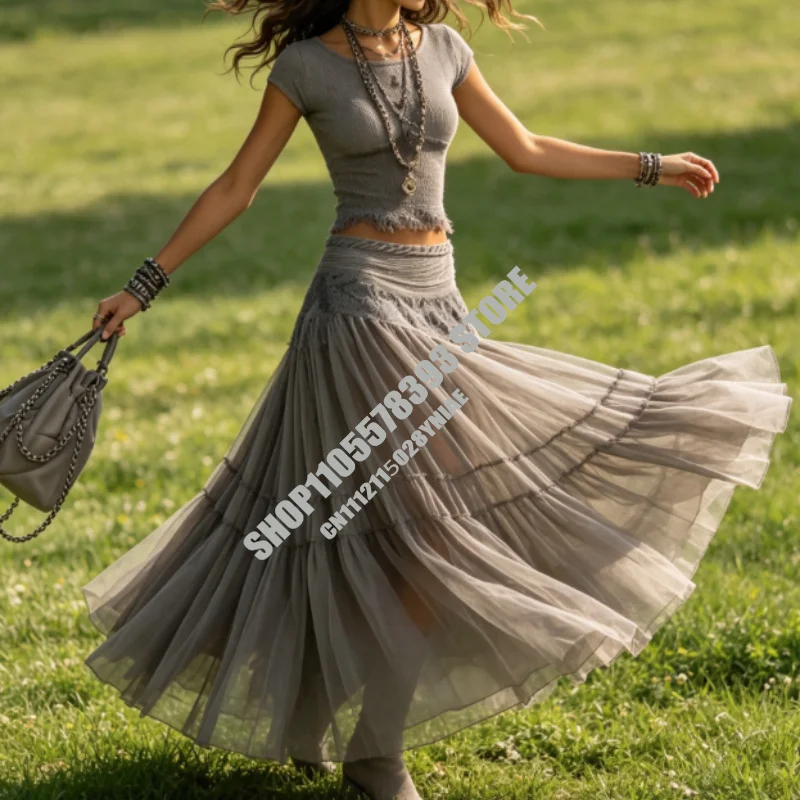 

Chic Women Maxi Dress 2 Pieces Sets Solid Slim Fit Lace Splice Short Sleeved Top with Drawstring Elasticity High Waisted Skirts