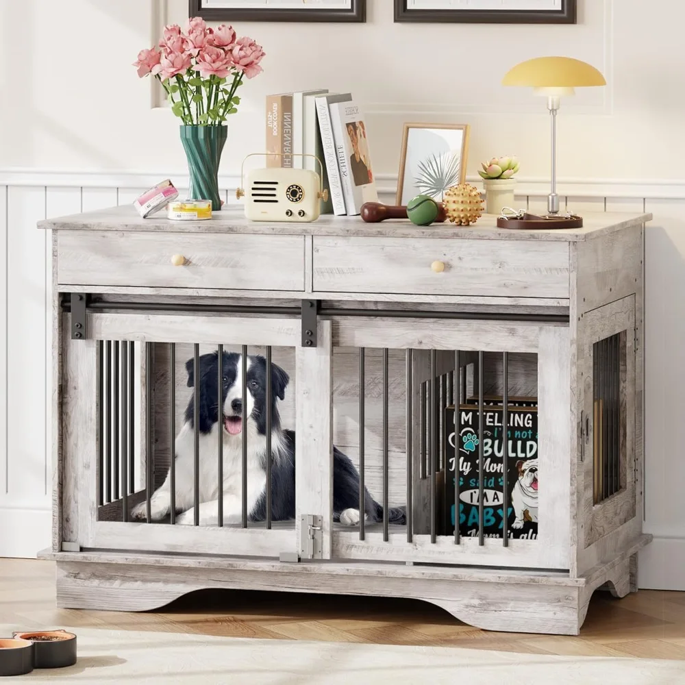 

Dog Furniture Crate, 47" Large Dog Crate Furniture w/ 2 Storage Draws & Removable Divider for Large/Medium/Small Dogs (Grey, One