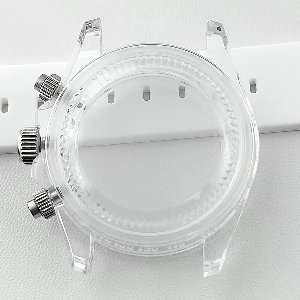 39,5mm Herren-Uhrengehäuse aus Acryl, transparent, geeignet für VK63, mit schwarzem, blauem, grünem, weißem Armband, Uhrenteile und Zubehör – Detail 3