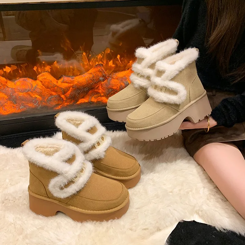 

Winter Chunky Platform Women Fur Snow Boots Keep Warm Thick Sole Warm Cotton Short Booties Shoes Zapatos Mujer