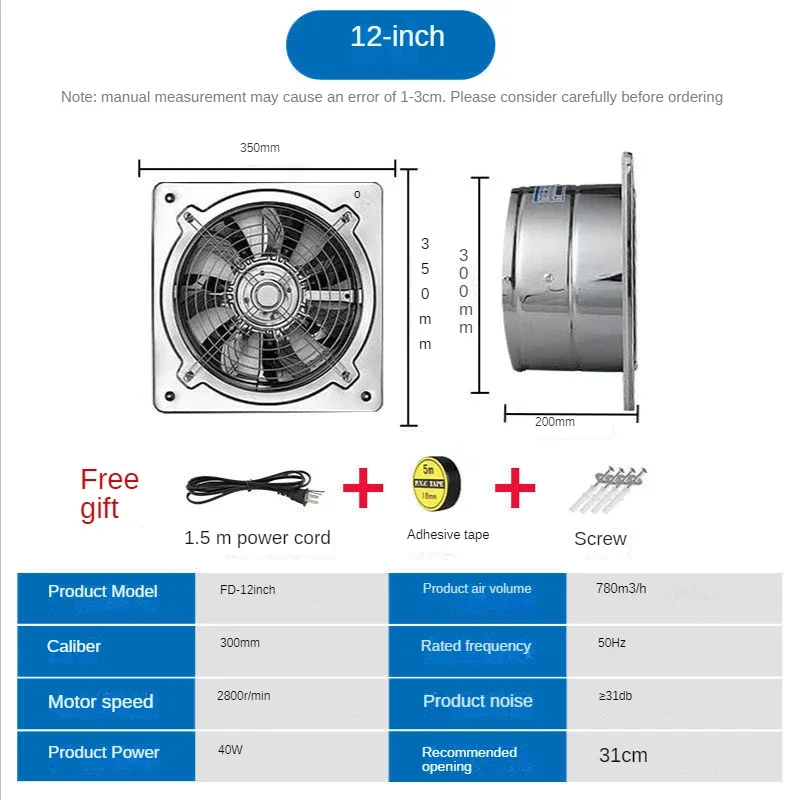 Roestvrijstalen Uitlaat Ventilator Keuken Uitlaat Huishoudelijke Ventilator Eenvoudige Afzuigkap High-Speed Energiebesparende Uitlaatventilator