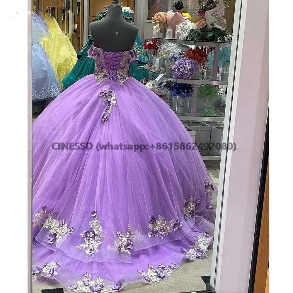 Лавандовая многоярусная юбка с открытыми плечами, платья для Quinceanera, бальное платье, кружевной корсет ручной работы с цветочной аппликацией для милых девушек 15