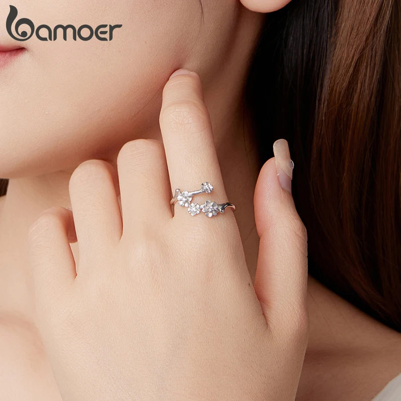 BAMOER 925 Sterling Silver Plum Blossom Open Ring Winter Flower Adjustable Ring with Frosted Texture for Women Elegant Gift