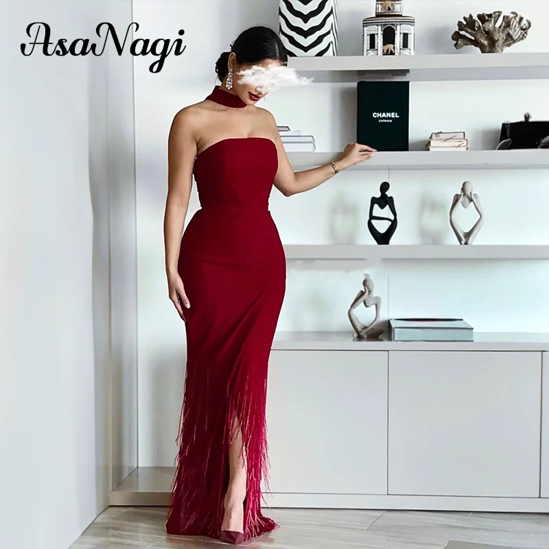 

AsaNagi Mermaid Red Prom Gown Strapless Fringe Party Evening Gowns Front Slit Floor Length Women's Arabian Formal Occasion Dress