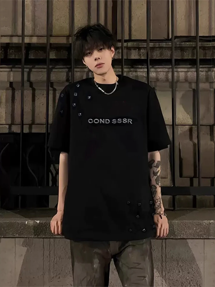 Cleanfit Metal Shoulder Padded Short Sleeve T-Shirt Men's Rigorous Style Streetwear Cotton Casual Top for Summer