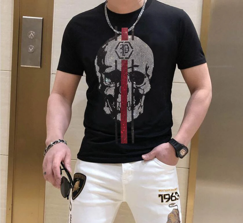 Camiseta con estampado de calaveras para hombre, ropa de calle masculina con diamantes de imitación, de verano, informal, de anime, a la moda, S-6XL