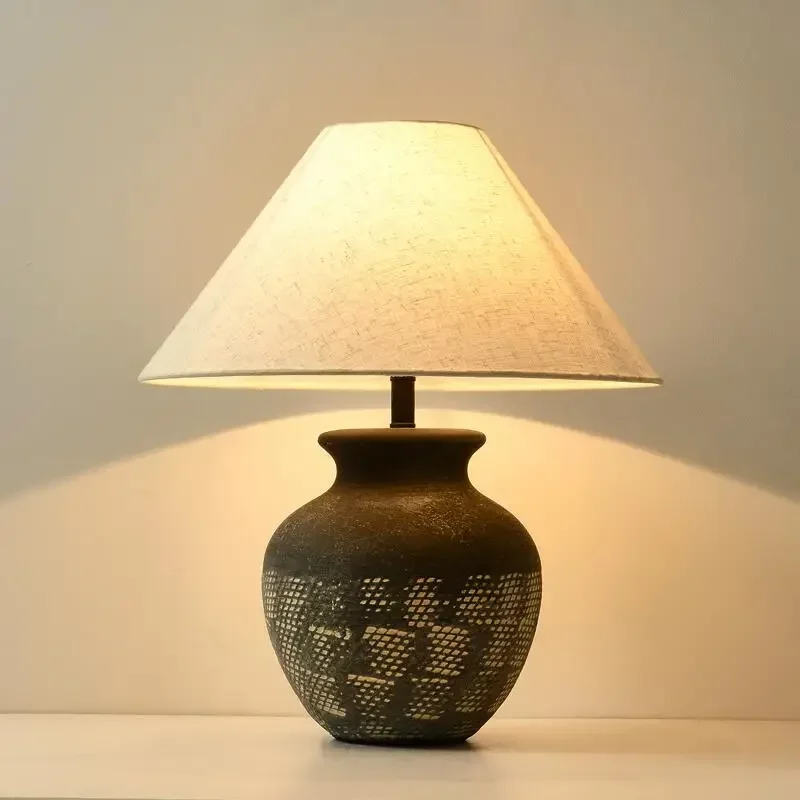 Candeeiro De Mesa De Cerâmica Estilo Wabi-sabi, Iluminação LED Decorativa Retro Preto e Branco, Lâmpada De Mesa De Estudo De Quarto Criativa Minimalista