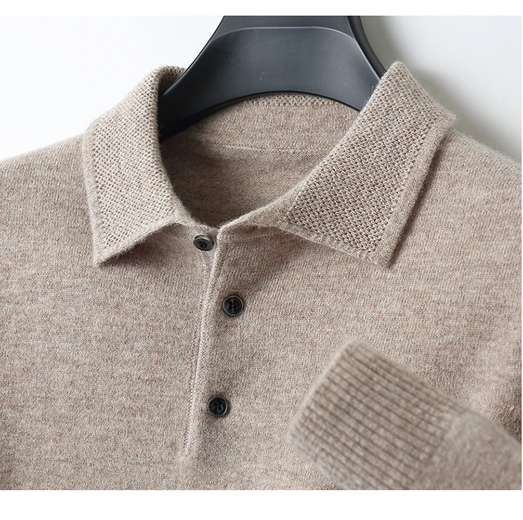 LHZSYY 100%Merino Wool Hot Cardigans Men Lapel Pullover Long Sleeve POLO Neck Sweaters Loose Tops Knit Clothing Large Size Shirt