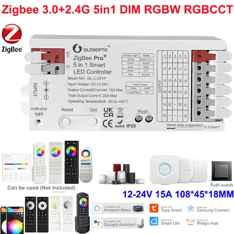 LED ZigBee3.0 Pro+ 5 in 1 /3 in 1 LED Controller 20A Max RGBCCT/RGBW/RGB/CCT/Dimmer Alexa Homey Tuya Smart Life APP Control