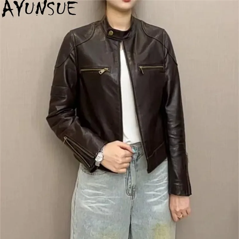 Jaqueta Feminina AYUNSUE de Couro Genuíno Slim-Fit Curta em Couro Bovino Encerado a Óleo, Jaqueta Moto Feminina com Gola O, Roupas Femininas