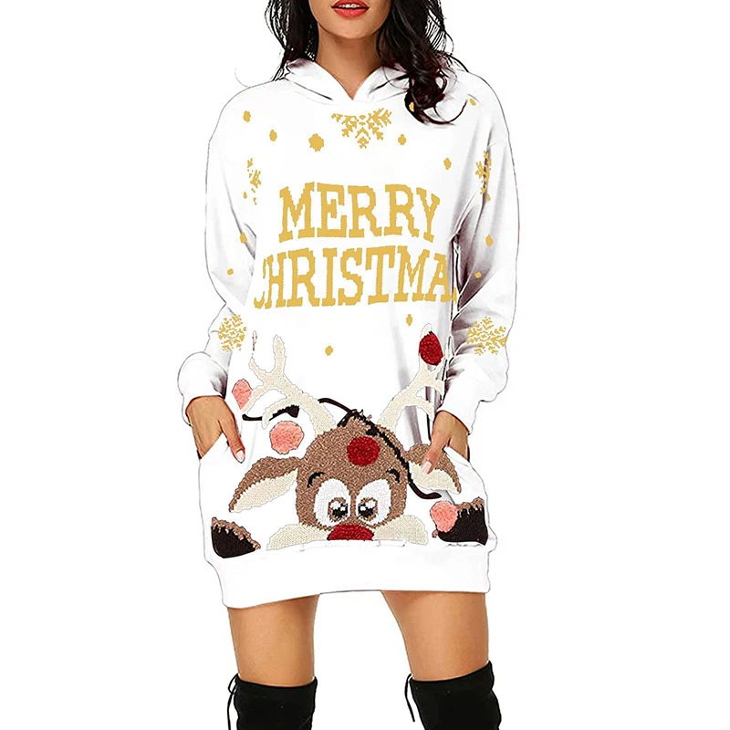 Red Merry Christmas Sweatshirts Women Casual Long Sleeve Loose Pockets Black Hoodies Festival Ladies Long Pullovers Chic Clothes