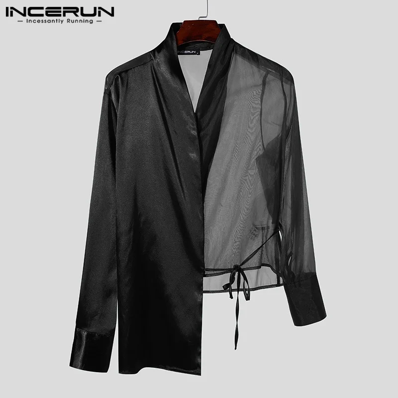 INCERUN Handsome Men\'s Tops Lace Up See-through Design Shirts Casual Party Shows Male Thin Personality Long Sleeved Blouse S-5XL