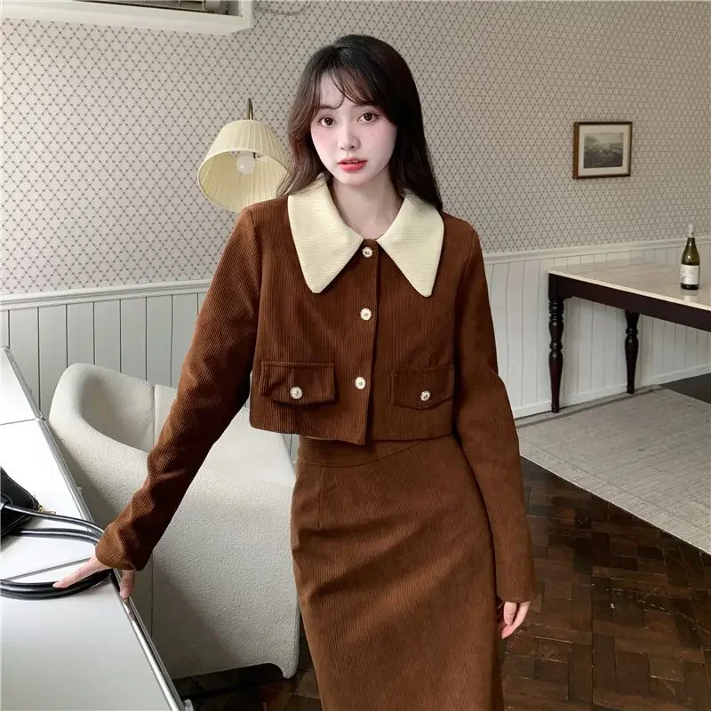 UNXX Spring Autumn High Quality Black White Corduroy Jacket Robe Tweed Skirt Two Piece Luxury    Set Office Lady