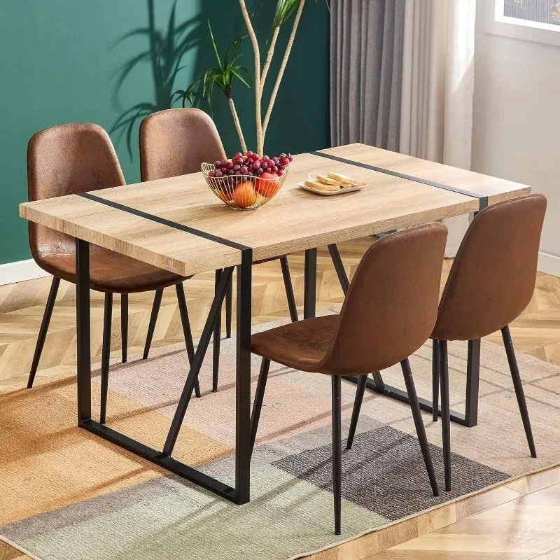 

55 Inch Rectangle Kitchen Dining Table with Wood Tabletop and Metal Frame & 4 Fabric Chairs Set, Suitable for Small Space