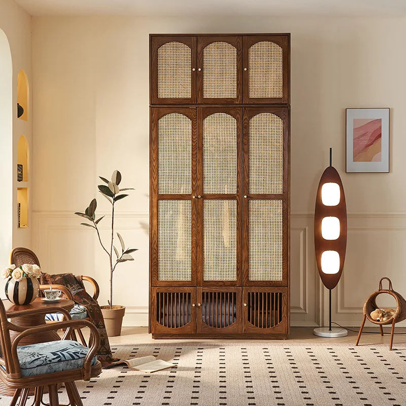 

HYS medieval rattan solid wood wardrobe combination large capacity multi-specification wardrobe multi-functional partition