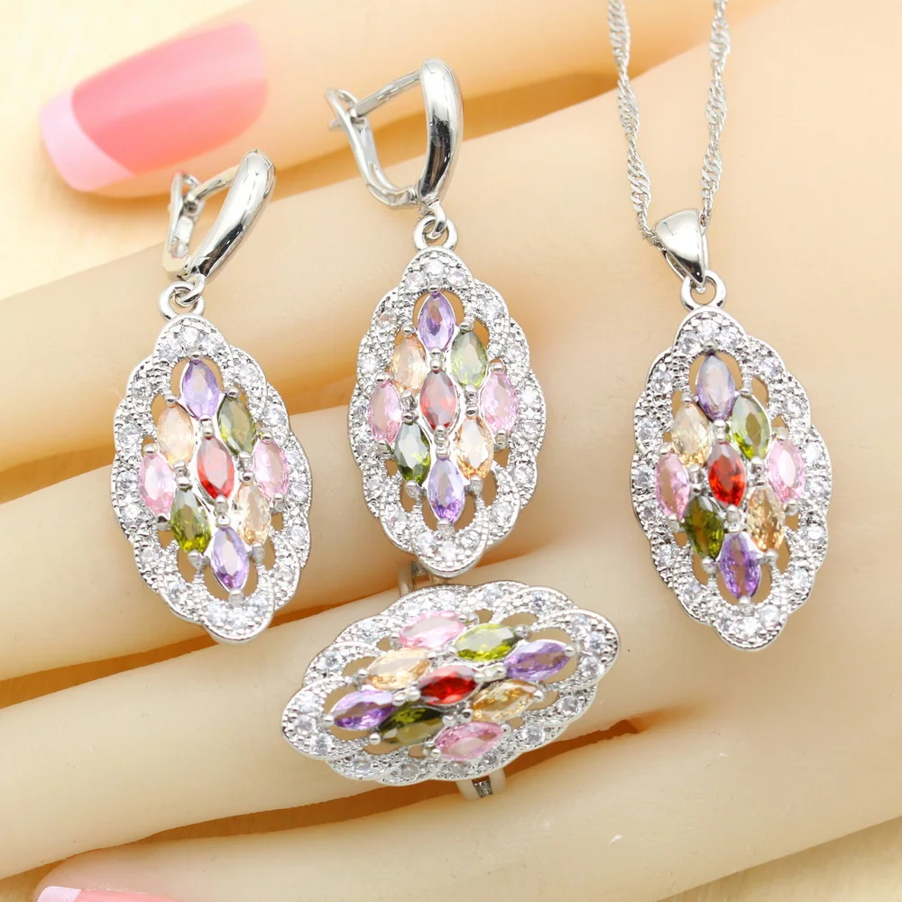 luxury Multicolor Zirconia 925 Silver Jewelry Sets for Women Wedding Earrings Bracelet Rings Necklace Pendant Best Gift